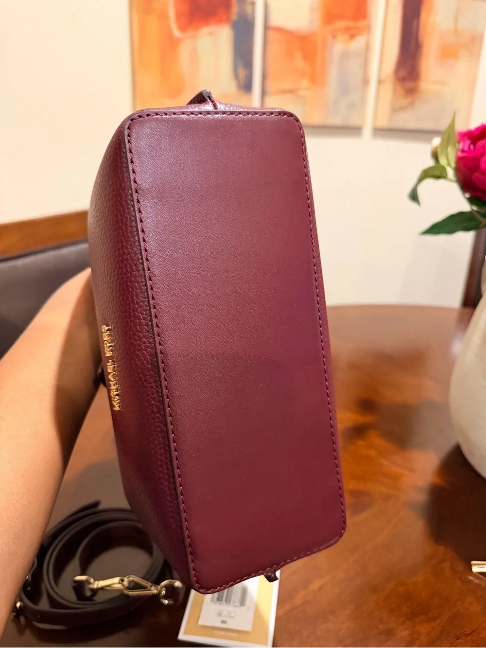 Michael Kors Pebbled Leather Satchel with Crossbody Strap & Card Case in Oxblood